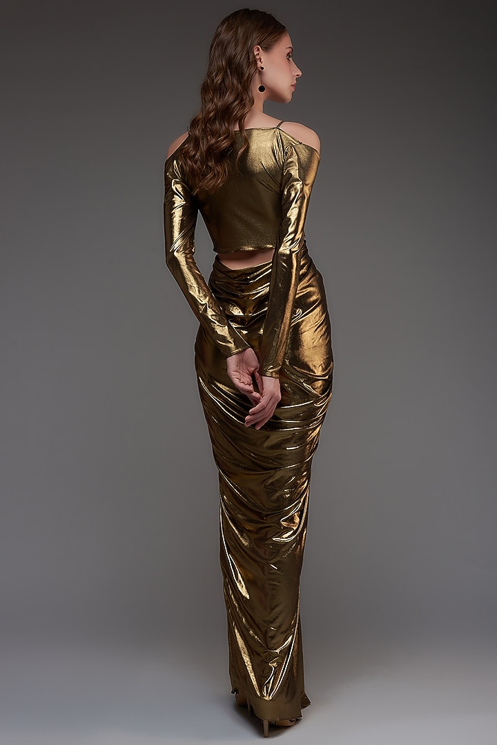 Brass Stretch Knit Foil Draped Gown by CHAM CHAM at Pernia's Pop Up Shop