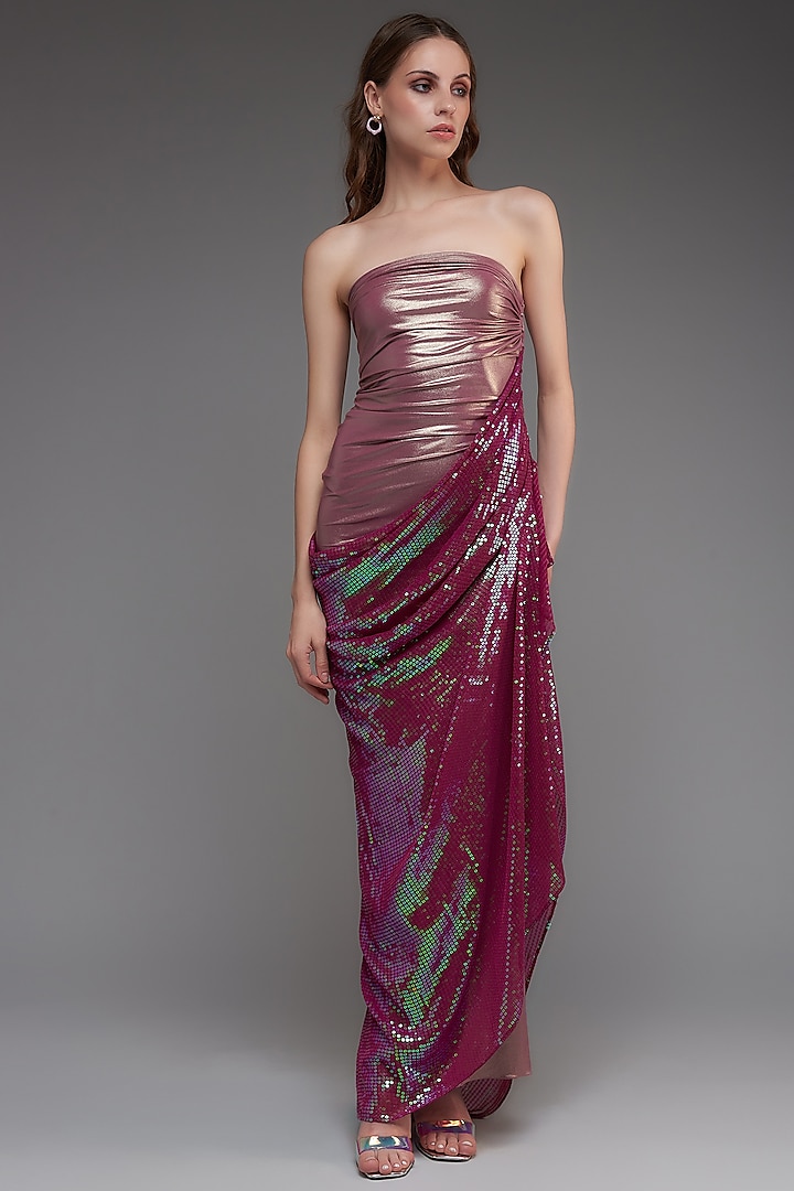 Magenta & Pink Stretch Knit Foil Draped Gown by CHAM CHAM