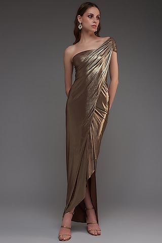 Bronze Stretch Knit Foil One-Shoulder Draped Gown by CHAM CHAM