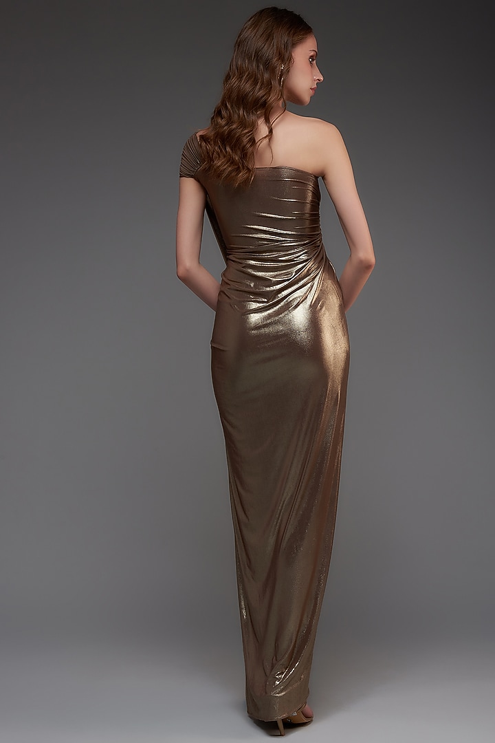 Bronze Stretch Knit Foil One-Shoulder Draped Gown by CHAM CHAM at Pernia's Pop Up Shop