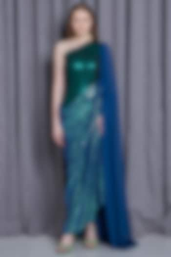 Metallic Green & Blue Knit Lame One-Shoulder Gown by CHAM CHAM