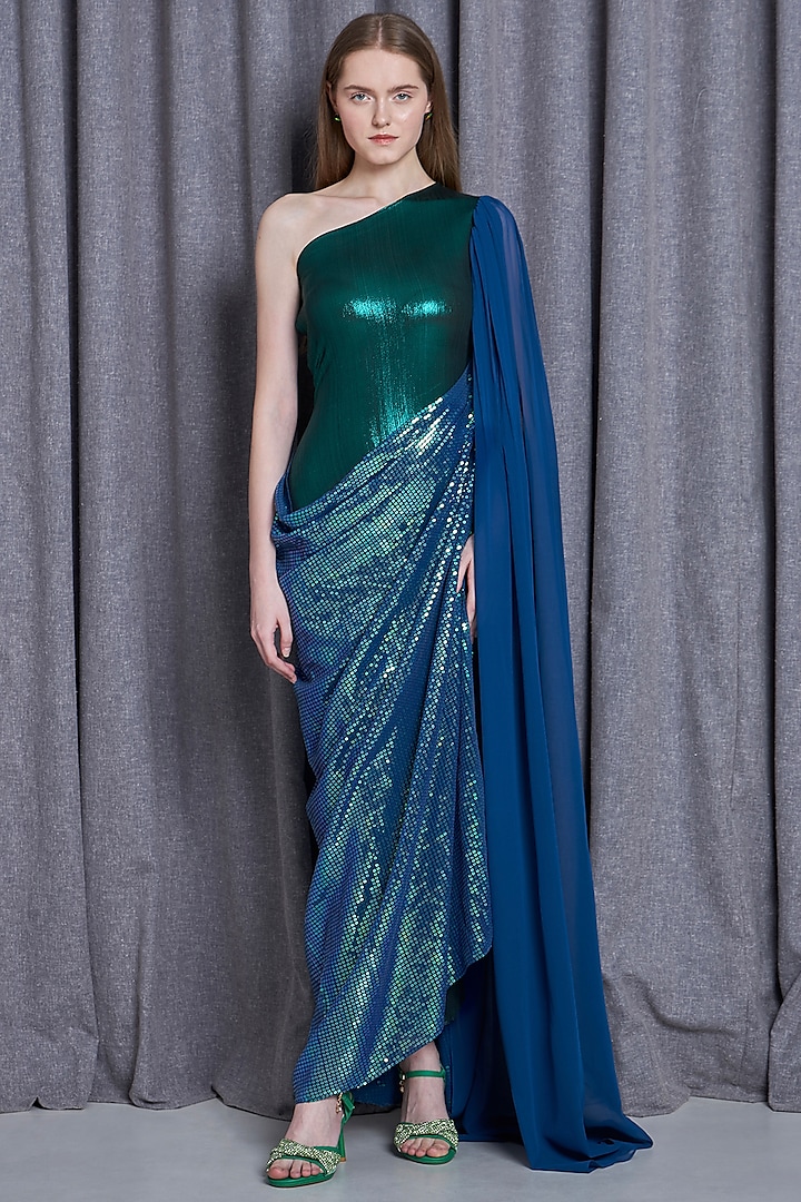 Metallic Green & Blue Knit Lame One-Shoulder Gown by CHAM CHAM