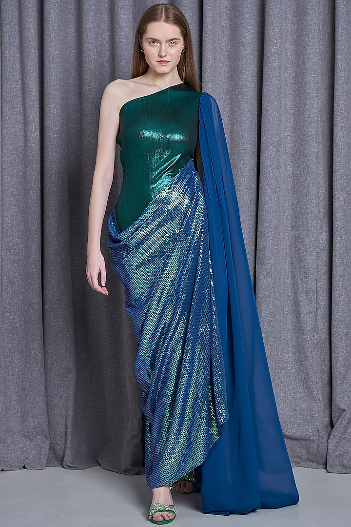 Metallic Green & Blue Knit Lame One-Shoulder Party Wear Gown by CHAM CHAM at Pernia's Pop Up Shop