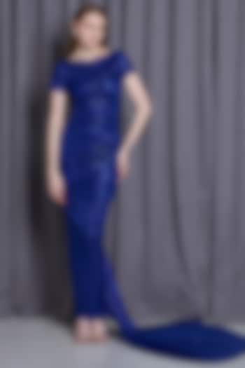 Blue Knit Lame Gown With Skirt by CHAM CHAM