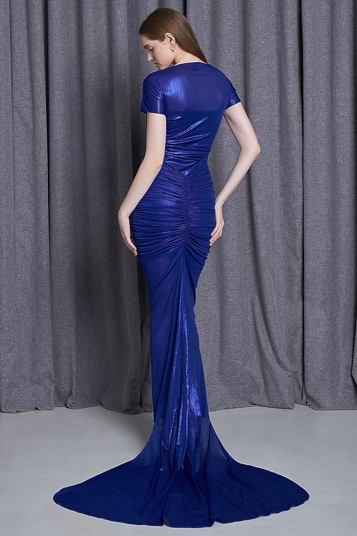 Blue Knit Lame Party Wear Gown With Skirt by CHAM CHAM at Pernia's Pop Up Shop
