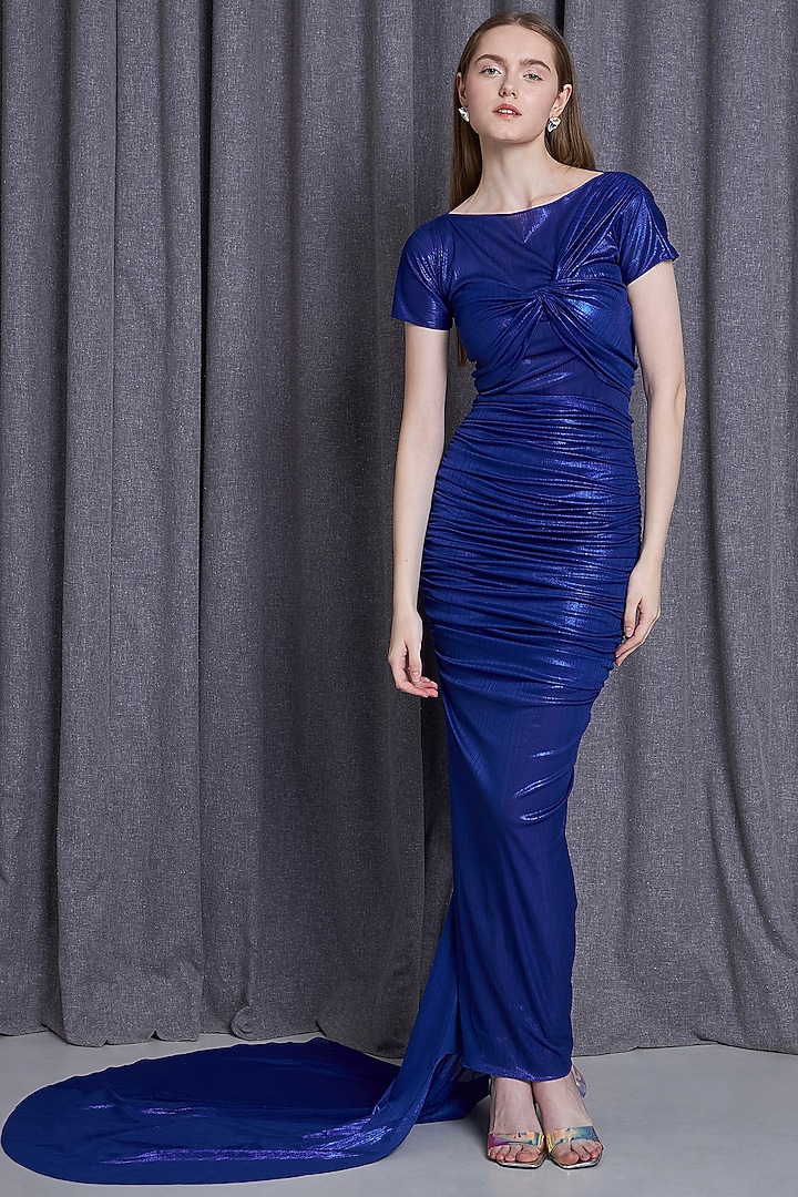 Blue Knit Lame Party Wear Gown With Skirt by CHAM CHAM at Pernia's Pop Up Shop