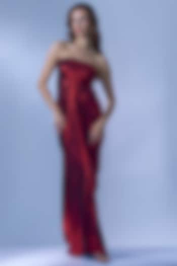 Metallic Red Stretch Knit Foil Draped Gown by CHAM CHAM