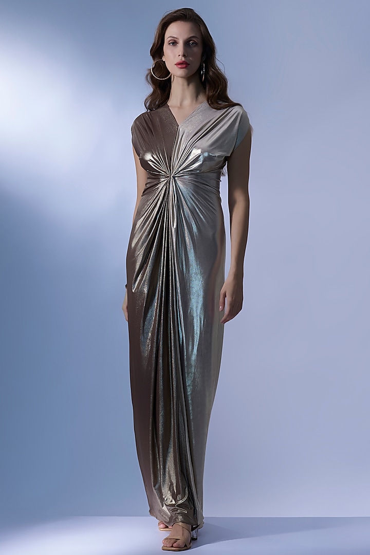 Gold Stretch Knit Foil Draped Gown Design by CHAM CHAM at Pernia's Pop ...