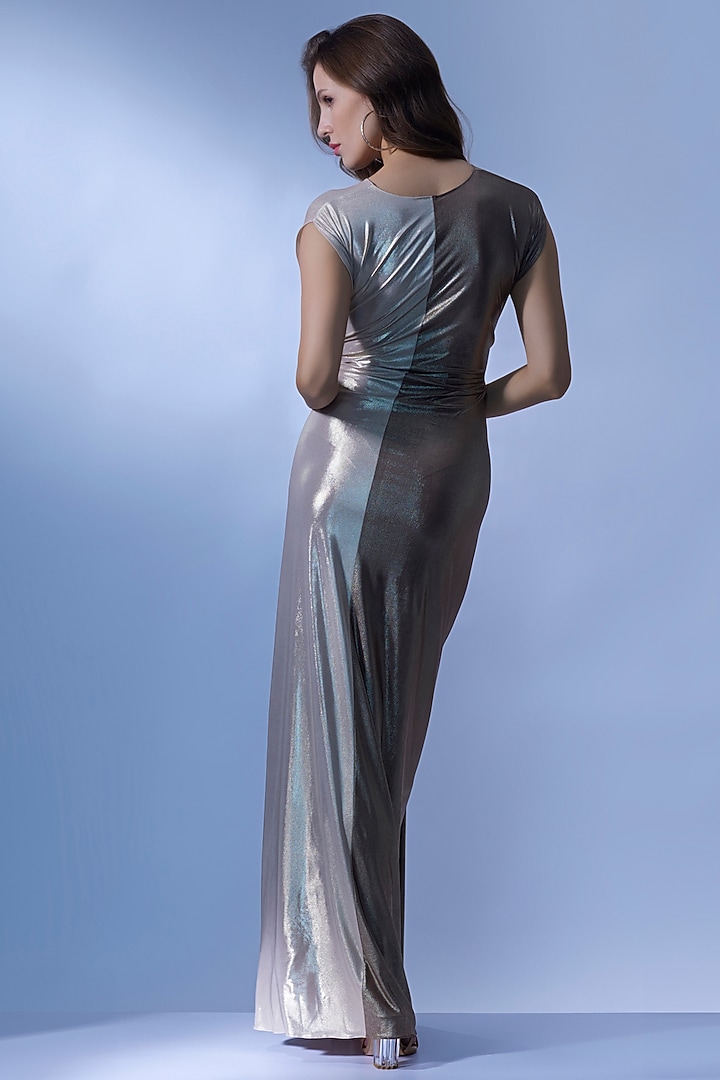 Gold Stretch Knit Foil Draped Gown by CHAM CHAM at Pernia's Pop Up Shop