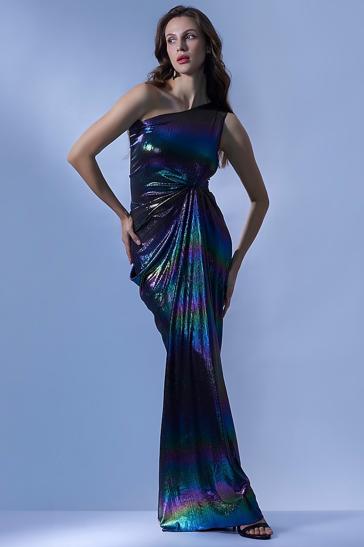 Multi-Colored Stretch Knit Foil Draped Gown by CHAM CHAM