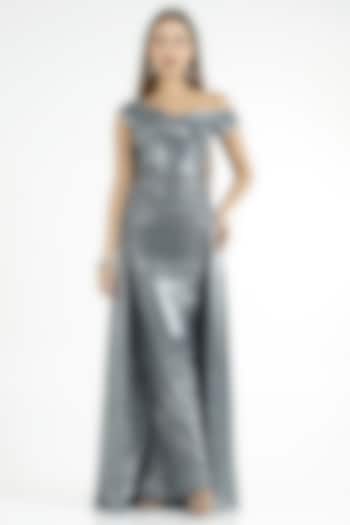 Silver Knit Foil Draped Party Wear Gown by CHAM CHAM at Pernia's Pop Up Shop
