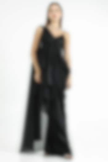 Black Knit Foil & Chiffon One-Shoulder Draped Party Wear Gown by CHAM CHAM at Pernia's Pop Up Shop