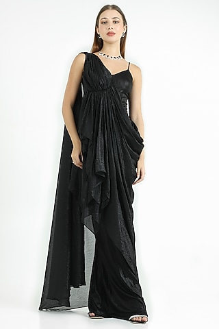 Black Knit Foil & Chiffon One-Shoulder Draped Gown by CHAM CHAM