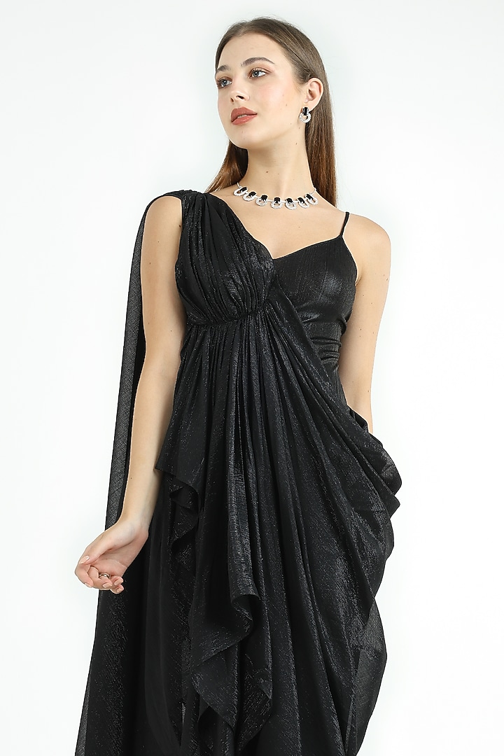 Black Knit Foil & Chiffon One-Shoulder Draped Party Wear Gown by CHAM CHAM at Pernia's Pop Up Shop
