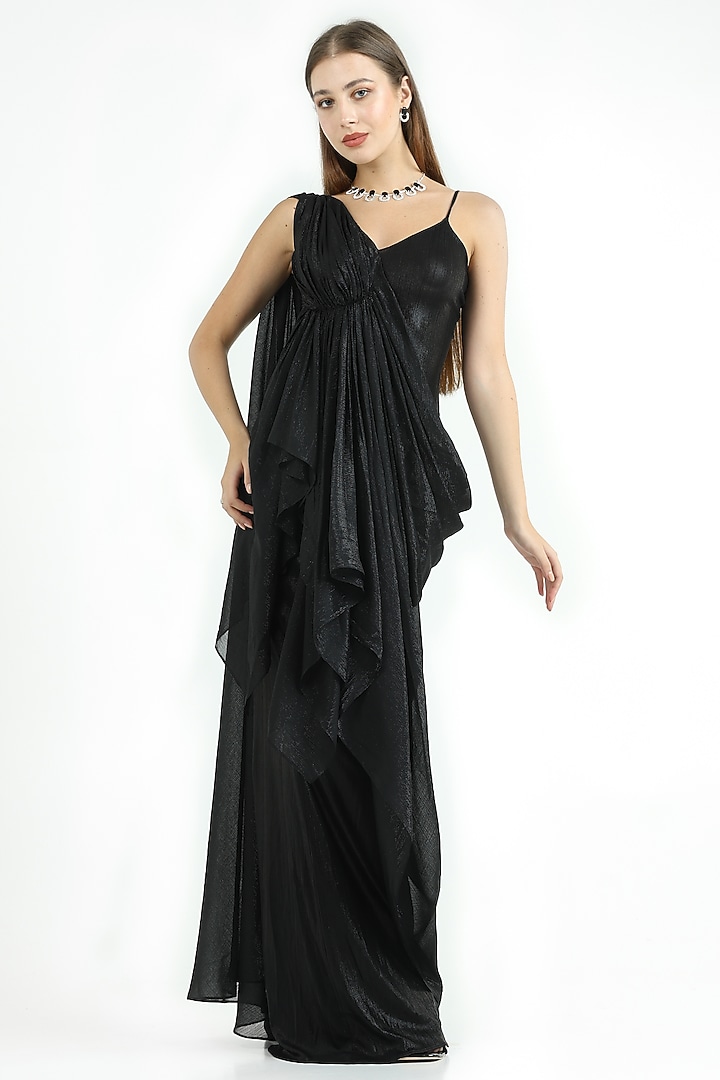 Black Knit Foil & Chiffon One-Shoulder Draped Party Wear Gown by CHAM CHAM at Pernia's Pop Up Shop