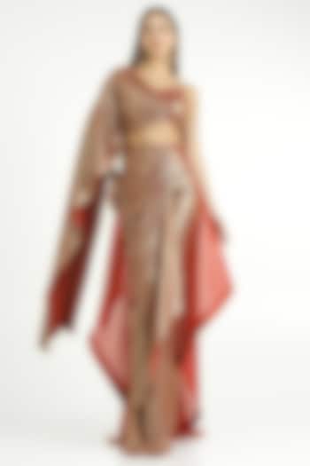 Metallic Red Knit Lame & Chiffon Skirt Set by CHAM CHAM at Pernia's Pop Up Shop