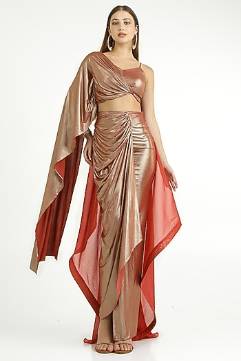 Metallic Red Knit Lame & Chiffon Skirt Set by CHAM CHAM at Pernia's Pop Up Shop