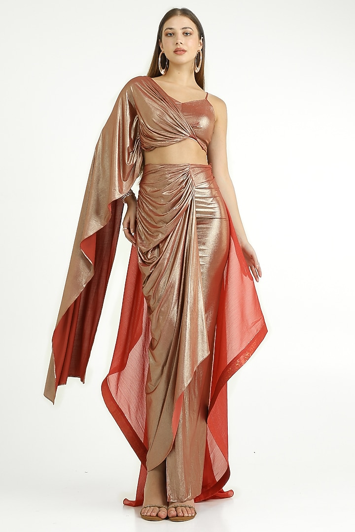 Metallic Red Knit Lame & Chiffon Skirt Set by CHAM CHAM at Pernia's Pop Up Shop