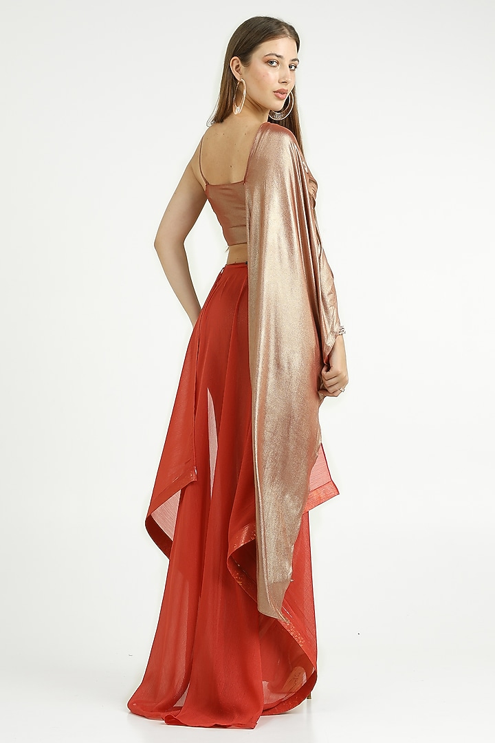Metallic Red Knit Lame & Chiffon Skirt Set by CHAM CHAM at Pernia's Pop Up Shop