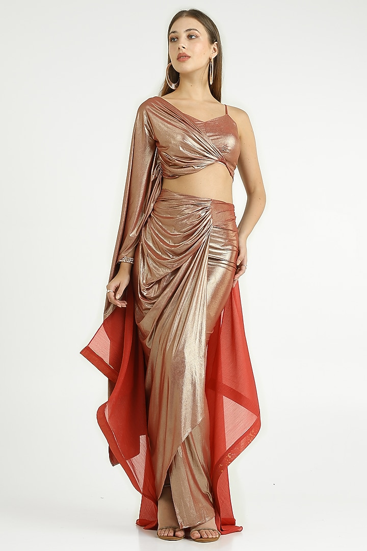 Metallic Red Knit Lame & Chiffon Skirt Set by CHAM CHAM at Pernia's Pop Up Shop