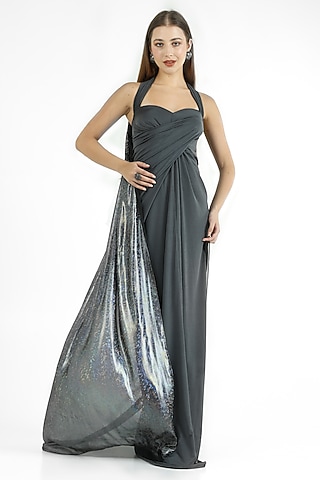Ash Green Stretch Knit & Georgette Gown by CHAM CHAM