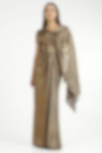 Metallic Bronze Self Pleated Knit Party Wear Gown by CHAM CHAM at Pernia's Pop Up Shop