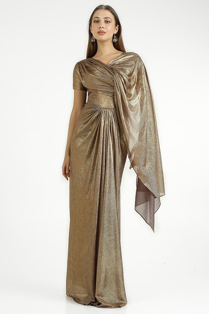 Metallic Bronze Self Pleated Knit Party Wear Gown by CHAM CHAM at Pernia's Pop Up Shop