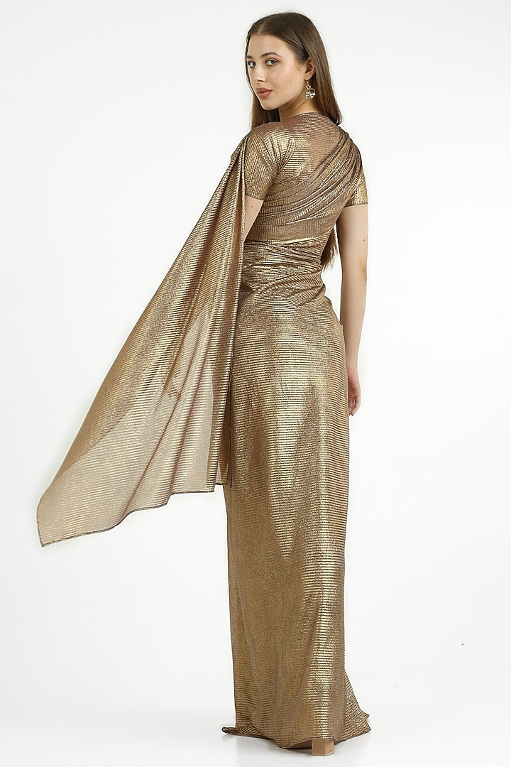 Metallic Bronze Self Pleated Knit Party Wear Gown by CHAM CHAM at Pernia's Pop Up Shop