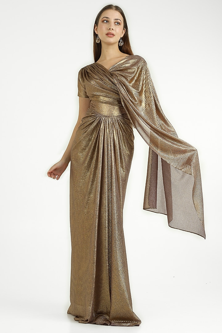 Metallic Bronze Self Pleated Knit Party Wear Gown by CHAM CHAM at Pernia's Pop Up Shop