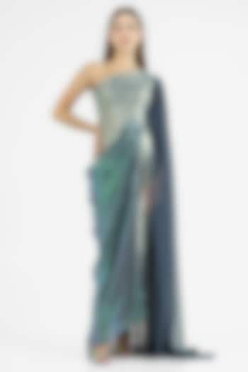 Metallic Sea Green Knit Lame & Georgette Draped Party Wear Gown by CHAM CHAM at Pernia's Pop Up Shop