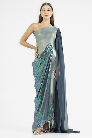 Metallic Sea Green Knit Lame & Georgette Draped Gown by CHAM CHAM