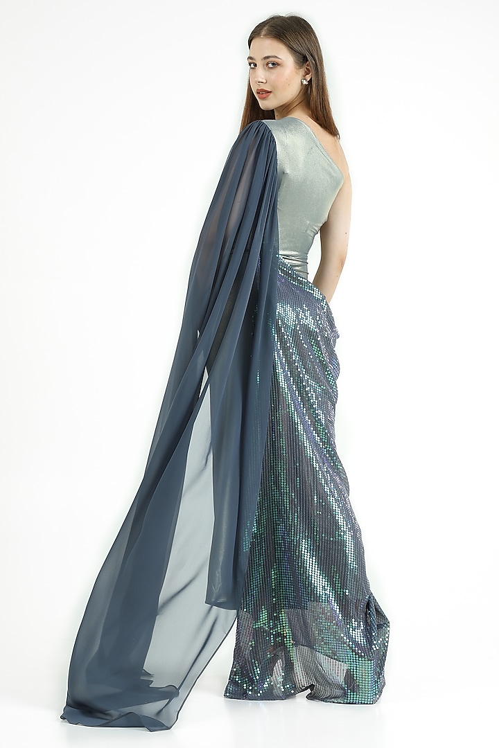 Metallic Sea Green Knit Lame & Georgette Draped Party Wear Gown by CHAM CHAM at Pernia's Pop Up Shop