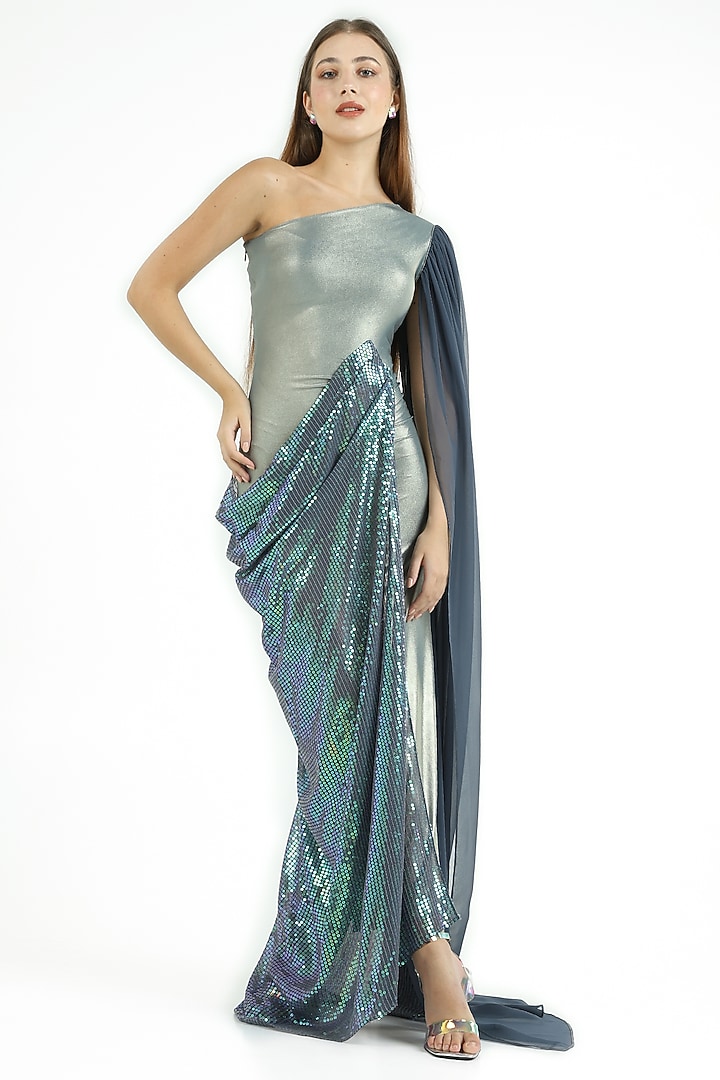 Metallic Sea Green Knit Lame & Georgette Draped Party Wear Gown by CHAM CHAM at Pernia's Pop Up Shop