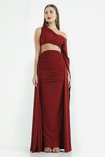 Deep Red Stretch Knit Skirt Set by CHAM CHAM at Pernia's Pop Up Shop