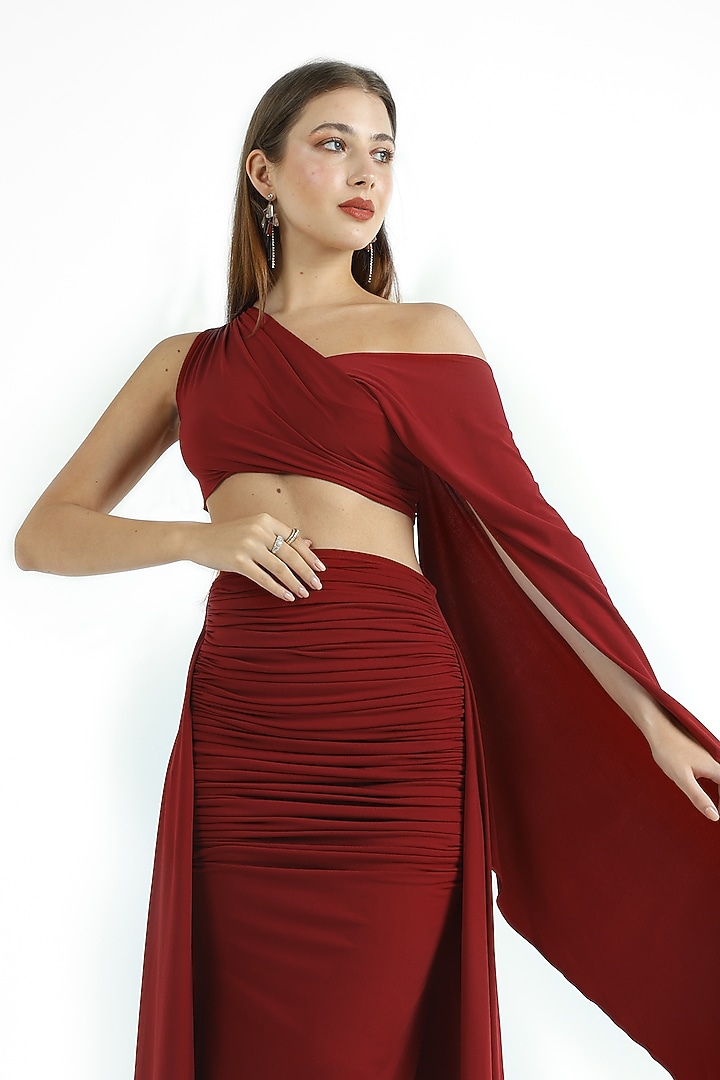 Deep Red Stretch Knit Skirt Set by CHAM CHAM at Pernia's Pop Up Shop