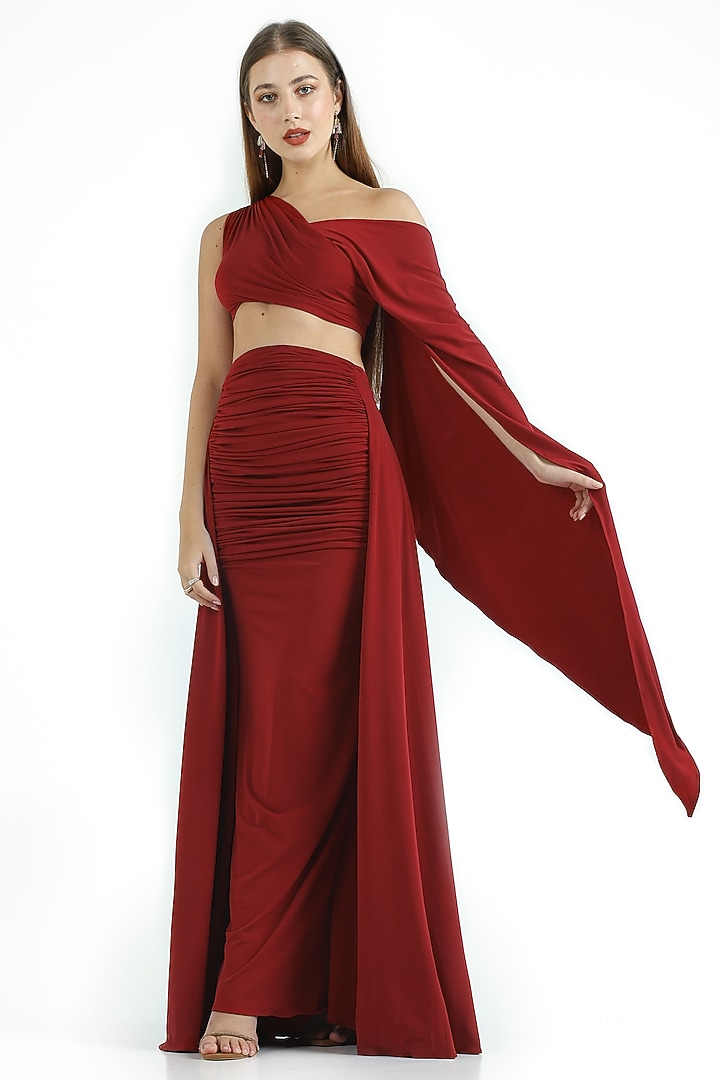 Deep Red Stretch Knit Skirt Set by CHAM CHAM at Pernia's Pop Up Shop