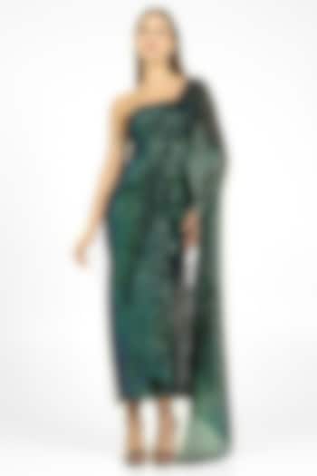 Black Stretch Knit & Sequins One-Shoulder Draped Party Wear Gown by CHAM CHAM at Pernia's Pop Up Shop