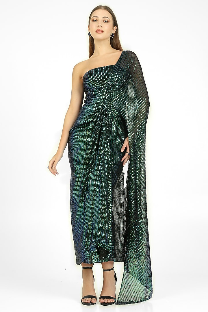 Black Stretch Knit & Sequins One-Shoulder Draped Party Wear Gown by CHAM CHAM at Pernia's Pop Up Shop