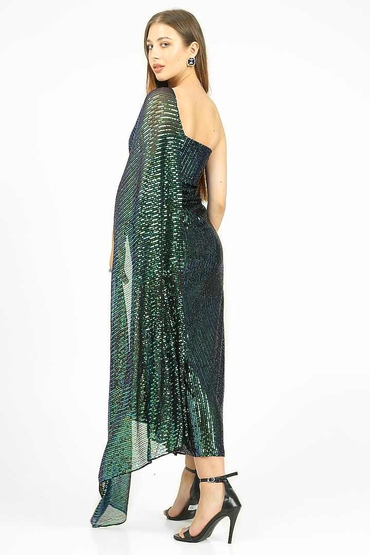 Black Stretch Knit & Sequins One-Shoulder Draped Party Wear Gown by CHAM CHAM at Pernia's Pop Up Shop