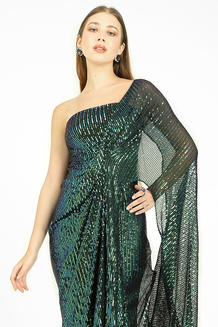 Black Stretch Knit & Sequins One-Shoulder Draped Party Wear Gown by CHAM CHAM at Pernia's Pop Up Shop