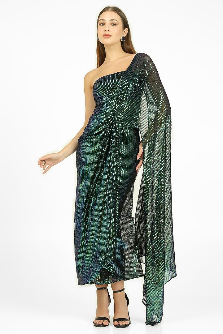 Black Stretch Knit & Sequins One-Shoulder Draped Party Wear Gown by CHAM CHAM at Pernia's Pop Up Shop