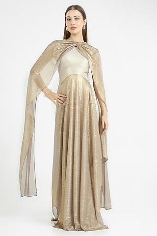 White & Gold Knit Lame Gown by CHAM CHAM