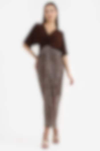 Brown Stretch Knit & Sequins Printed Midi Summer Dress by CHAM CHAM at Pernia's Pop Up Shop