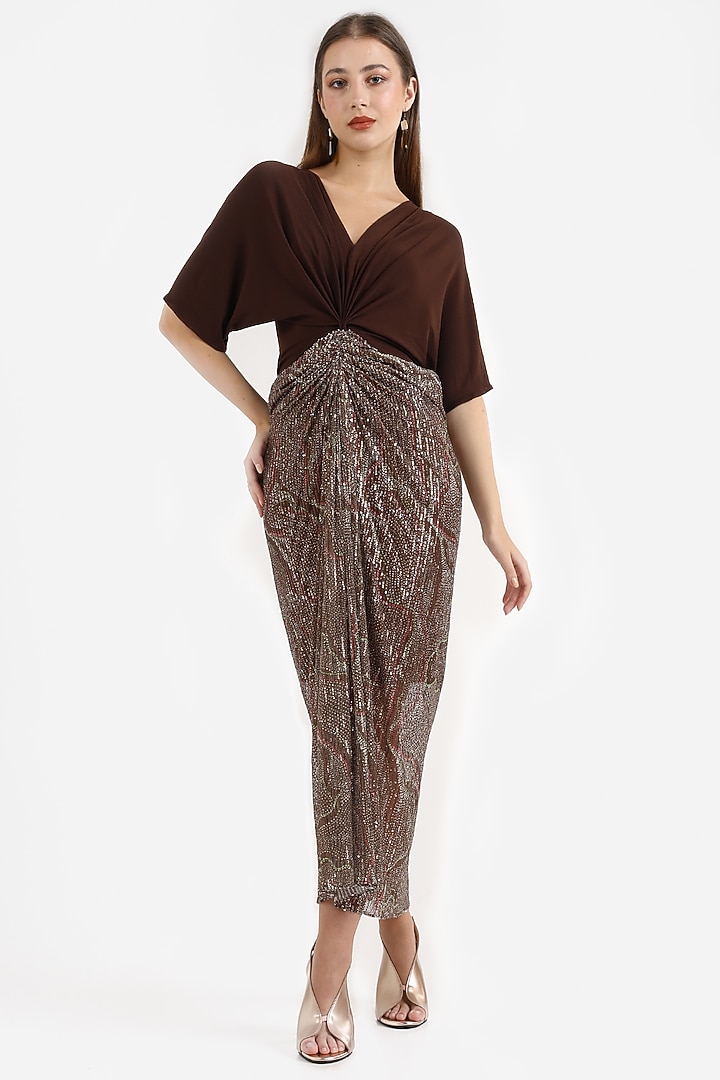 Brown Stretch Knit & Sequins Printed Midi Summer Dress by CHAM CHAM at Pernia's Pop Up Shop