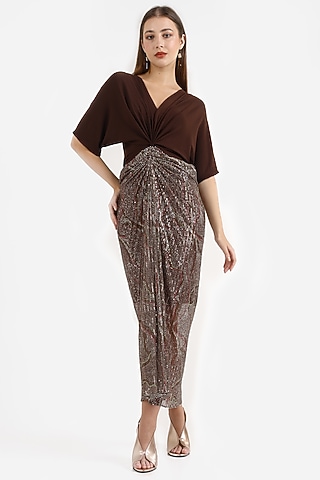 Brown Stretch Knit & Sequins Printed Midi Dress by CHAM CHAM