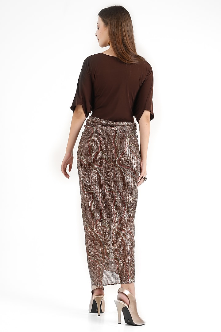Brown Stretch Knit & Sequins Printed Midi Summer Dress by CHAM CHAM at Pernia's Pop Up Shop