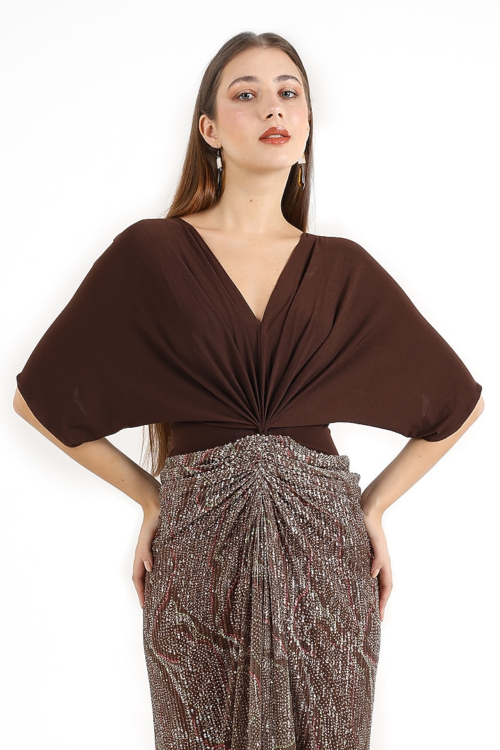 Brown Stretch Knit & Sequins Printed Midi Summer Dress by CHAM CHAM at Pernia's Pop Up Shop