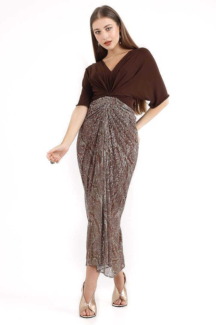 Brown Stretch Knit & Sequins Printed Midi Summer Dress by CHAM CHAM at Pernia's Pop Up Shop