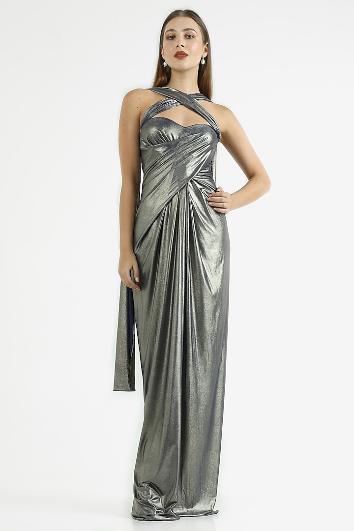 Metallic Blue & Grey Knit Lame Gown by CHAM CHAM at Pernia's Pop Up Shop