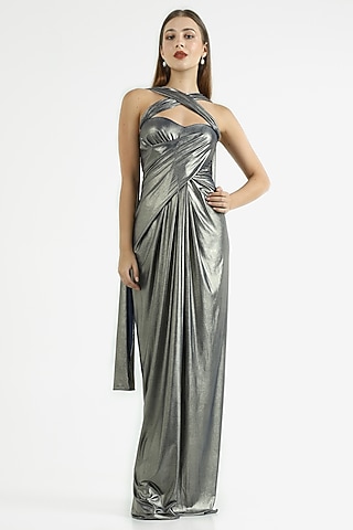 Metallic Blue & Grey Knit Lame Gown by CHAM CHAM